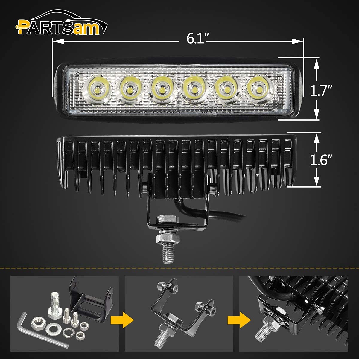 Partsam close-up of LED chips and HD lens highlighting focused output and improved road contrast