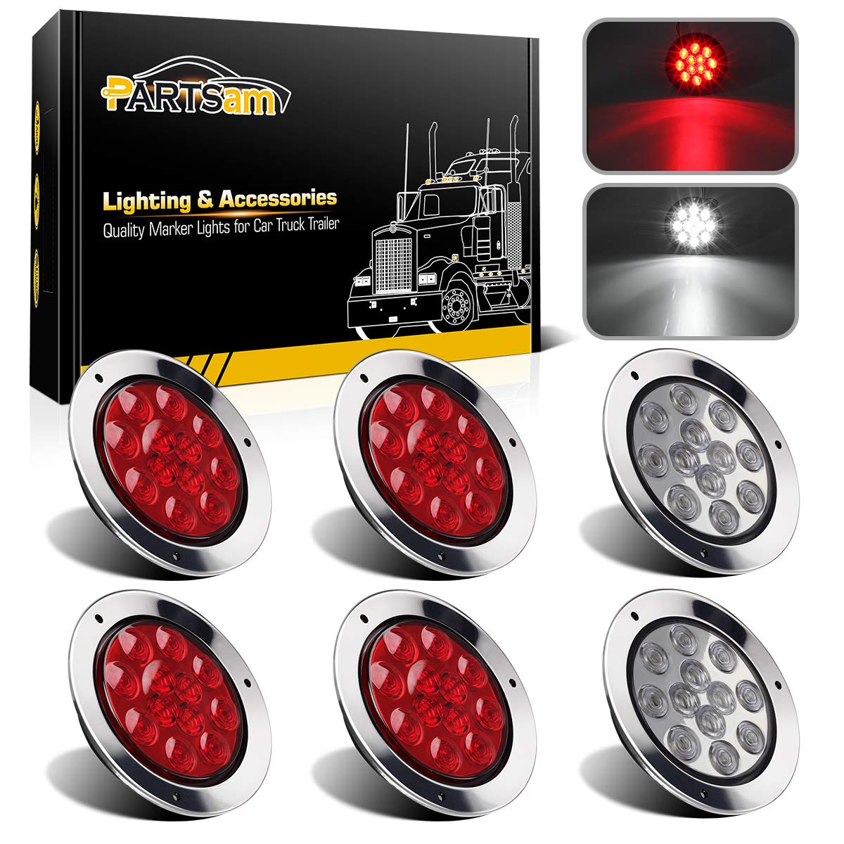 Partsam front view of 4-inch red LED round light showing lens and flange, clear signaling benefit