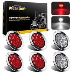 Partsam front view of 4-inch red LED round light showing lens and flange, clear signaling benefit