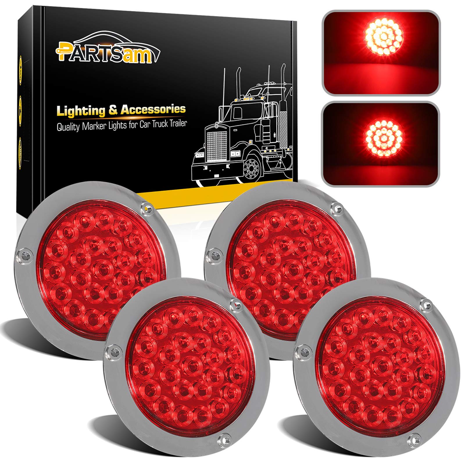 Partsam front view of 4-inch round LED light showing bright red lens and visibility