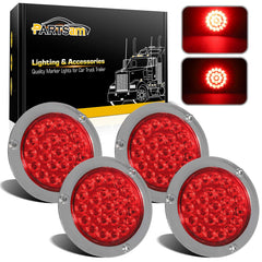 Partsam front view of 4-inch round LED light showing bright red lens and visibility