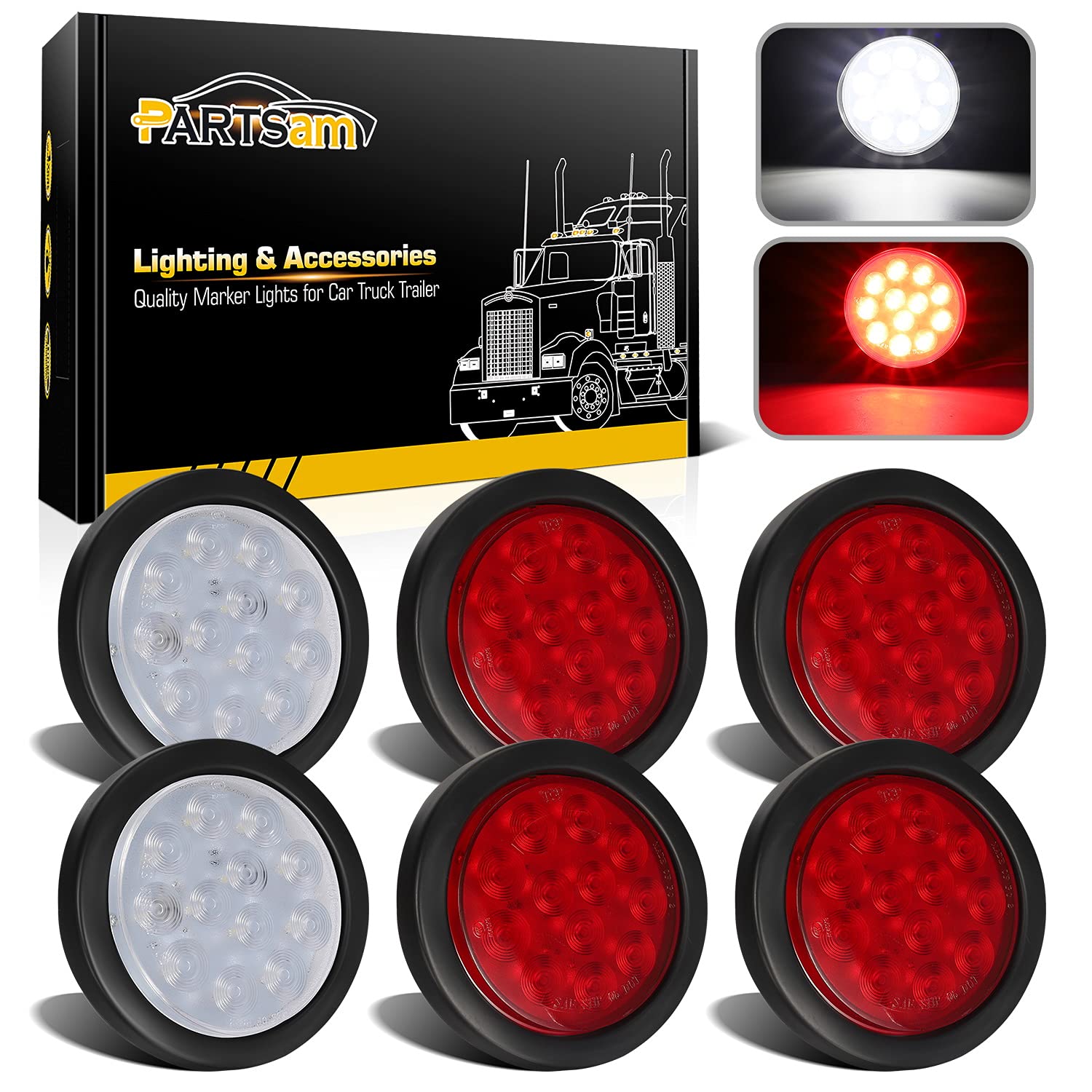 Partsam front view of 4-inch round LED kit showing clear function and brightness
