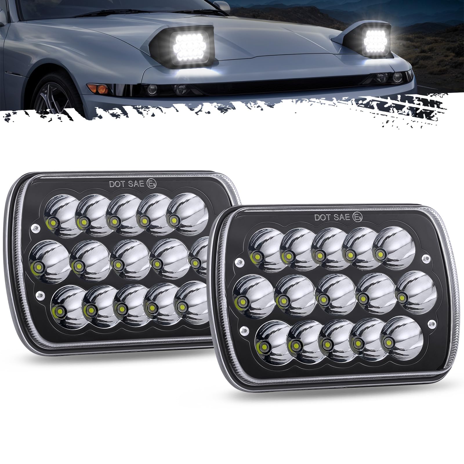 Partsam front view 7x6 LED headlight showing bright DRL and clear optics for improved visibility