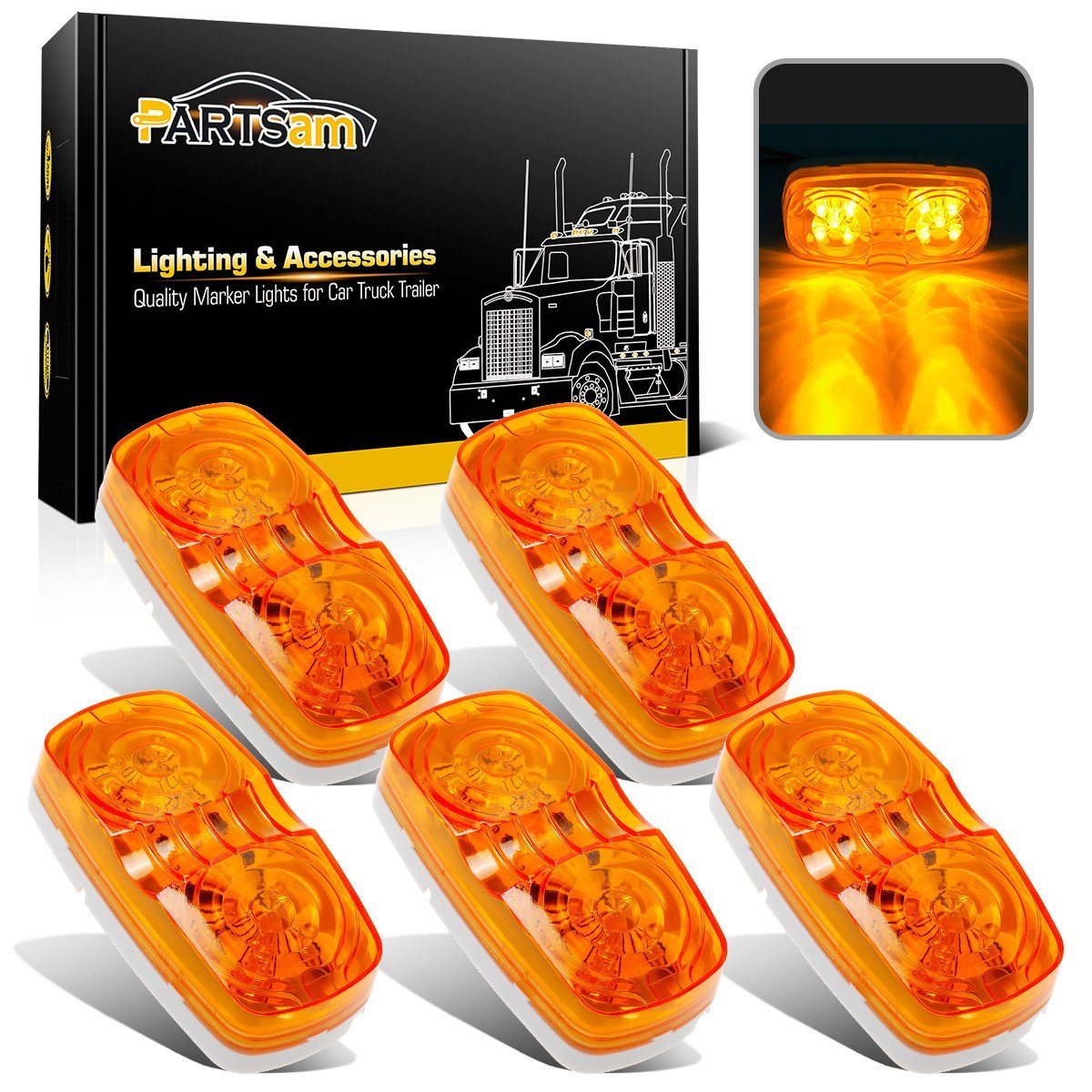 Partsam front view amber marker light showing bright, compliant illumination