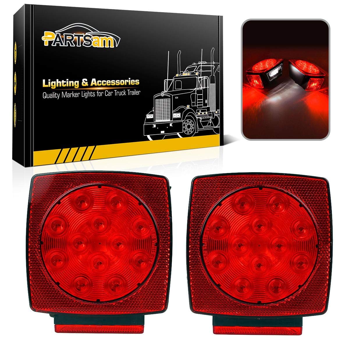 Partsam square LED front view showing bright red stop/turn LEDs for safety