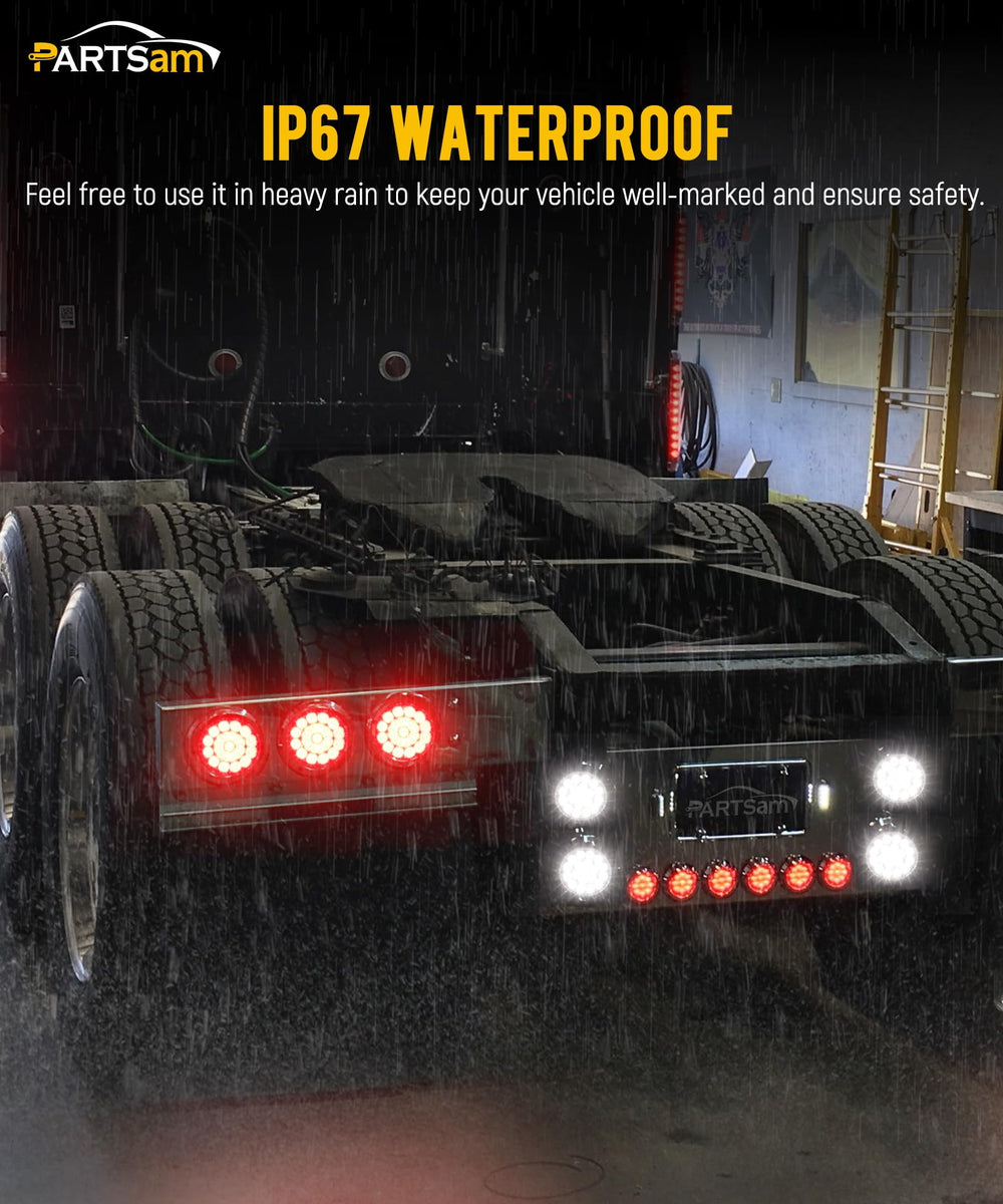 Partsam illuminated red brake light and white reverse light demonstrating dual-color functionality