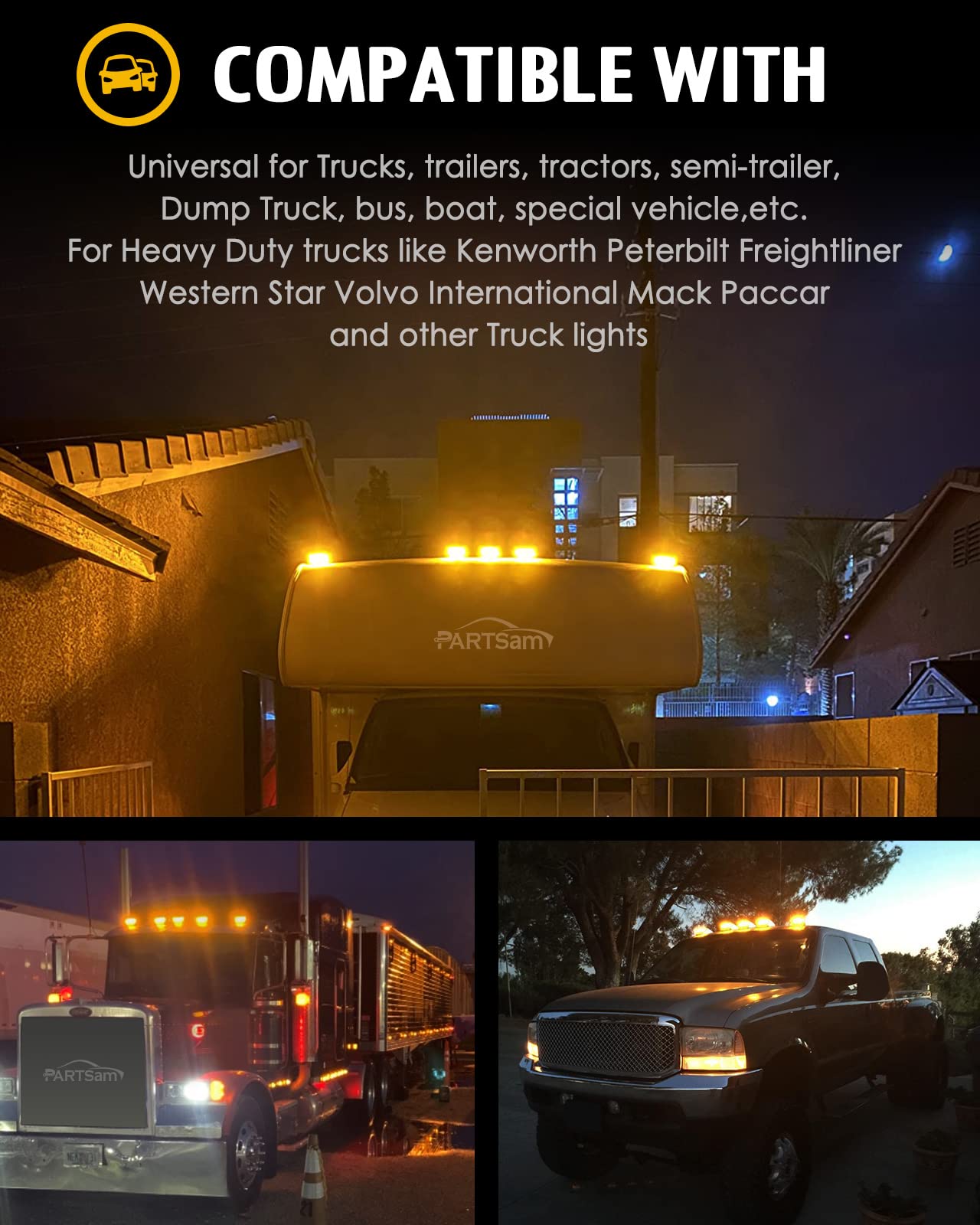 Partsam installed on Peterbilt roof demonstrating improved night visibility