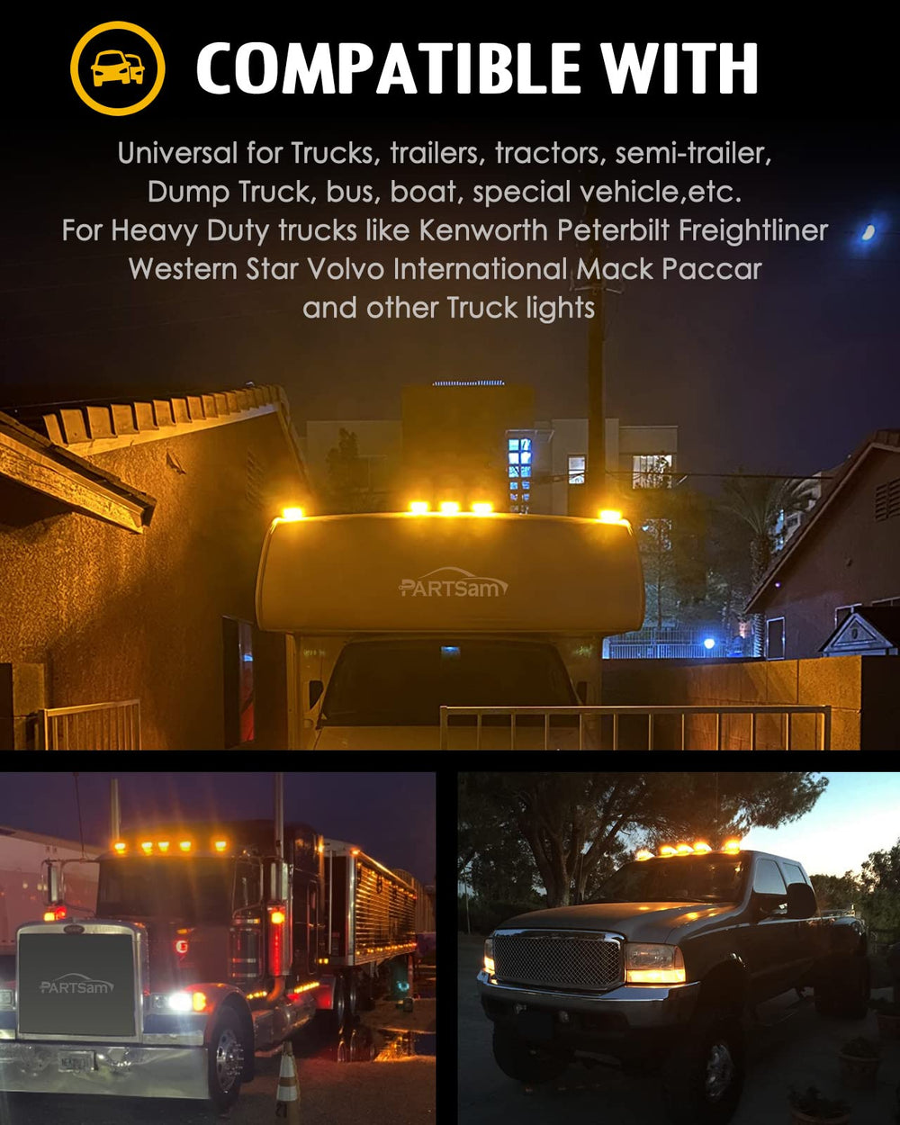 Partsam installed on Peterbilt roof demonstrating improved night visibility