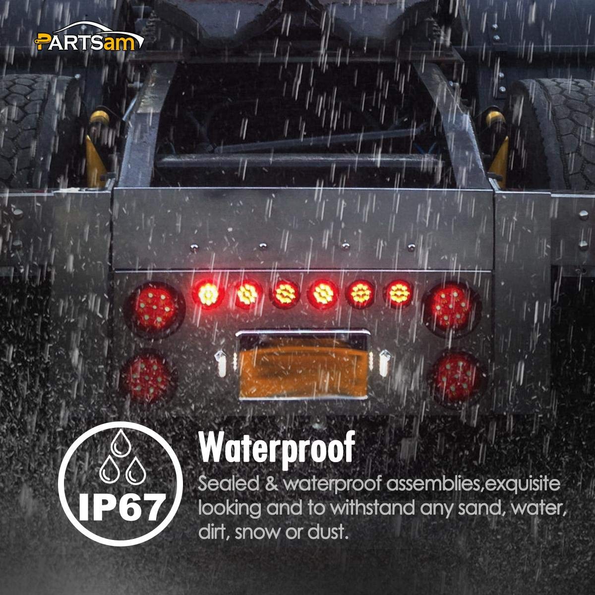 Partsam night shot showing amber and red LEDs improving trailer visibility