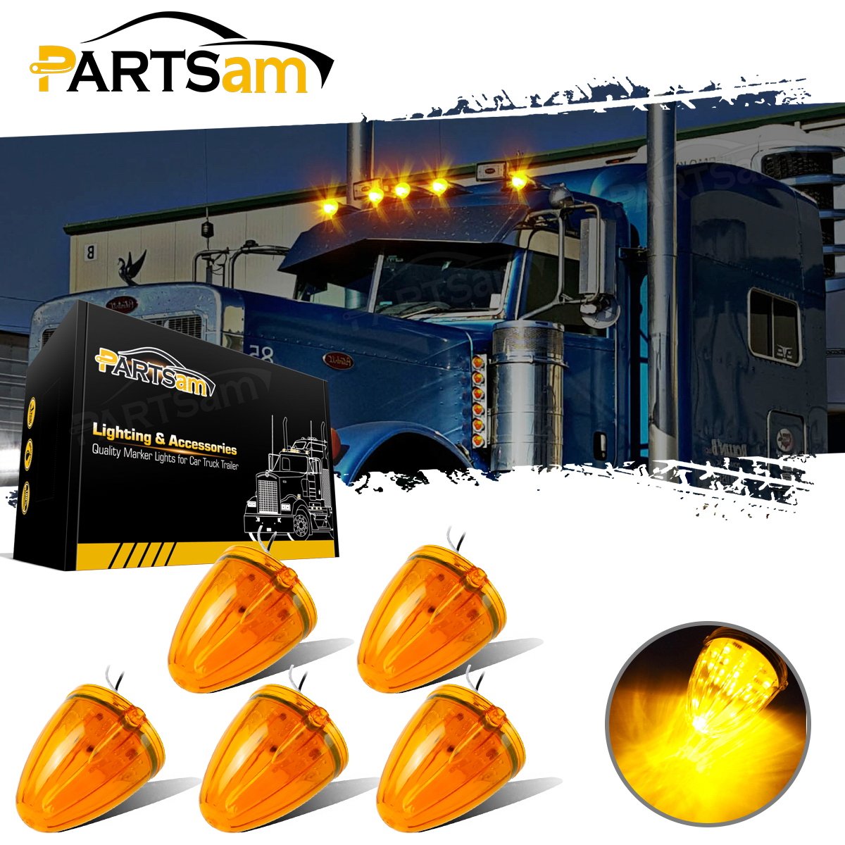 Partsam nighttime shot showing bright amber markers improving road presence and recognition