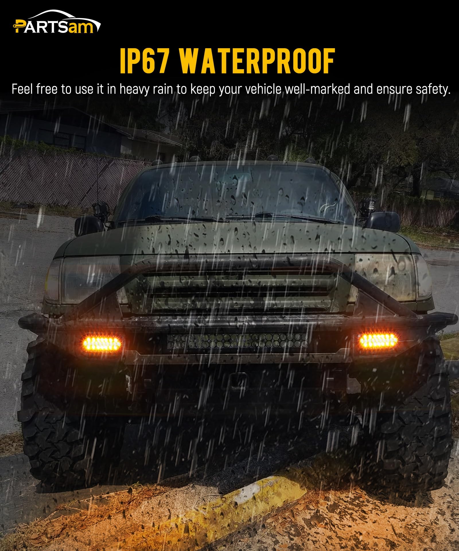 Partsam strobe with rubber grommet showing sealed fit and weatherproof benefit