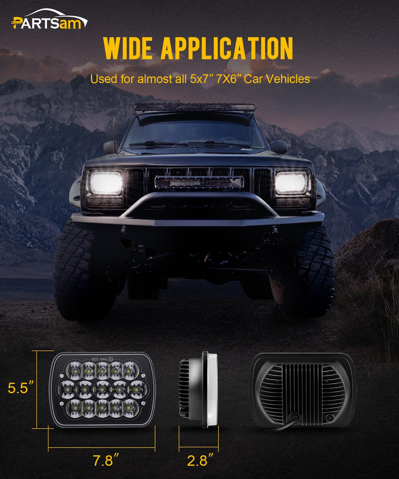 Partsam retail box with two headlamps and accessory harness illustrating ready-to-install kit