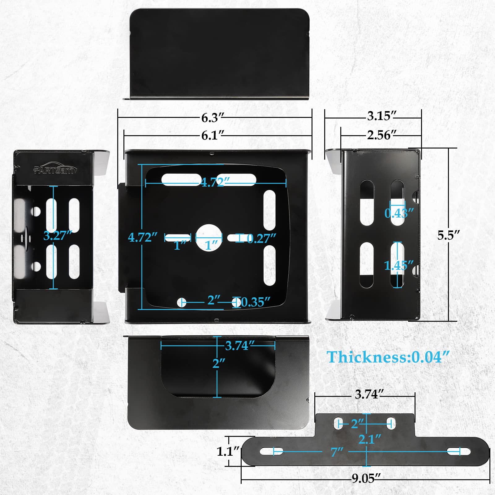 Partsam side profile highlighting box dimensions and robust steel thickness benefit