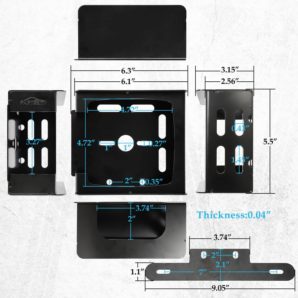 Partsam side profile highlighting box dimensions and robust steel thickness benefit