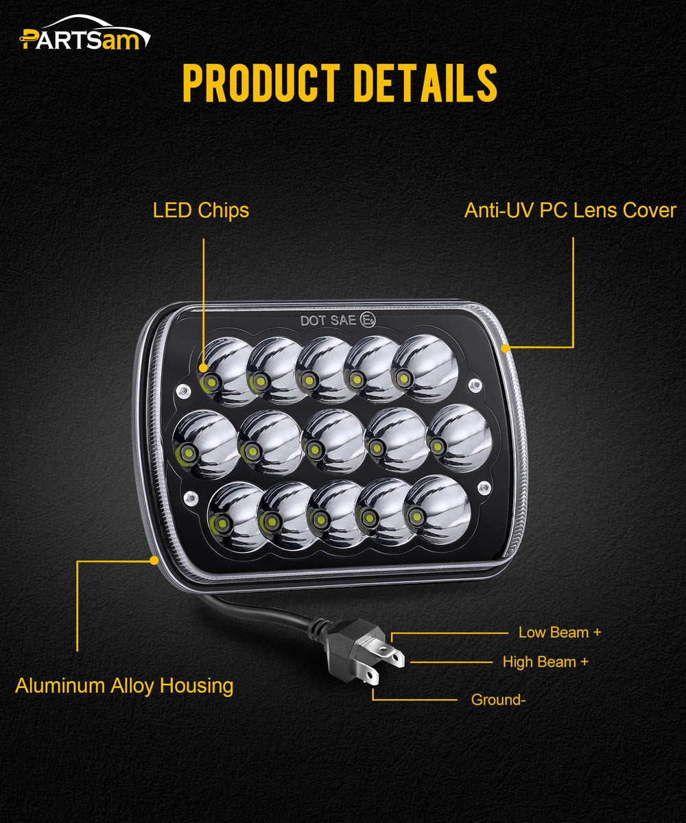 Partsam headlight next to ruler showing 7.87 by 5.5 inch dimensions for correct 7x6 fit