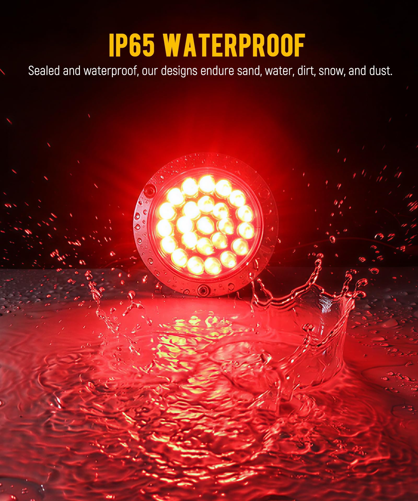 Partsam light with water splash demonstrating IP65 waterproof protection