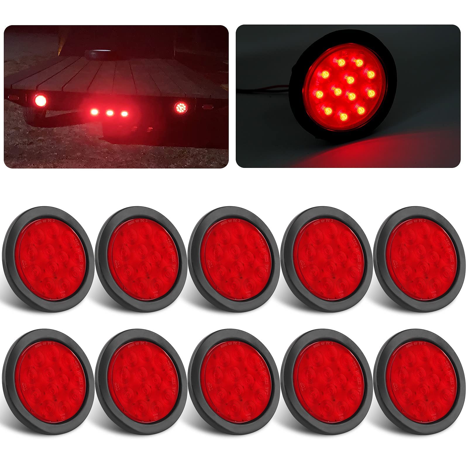 Partswcgg front view of 4-inch red LED tail light showing bright lens and road visibility