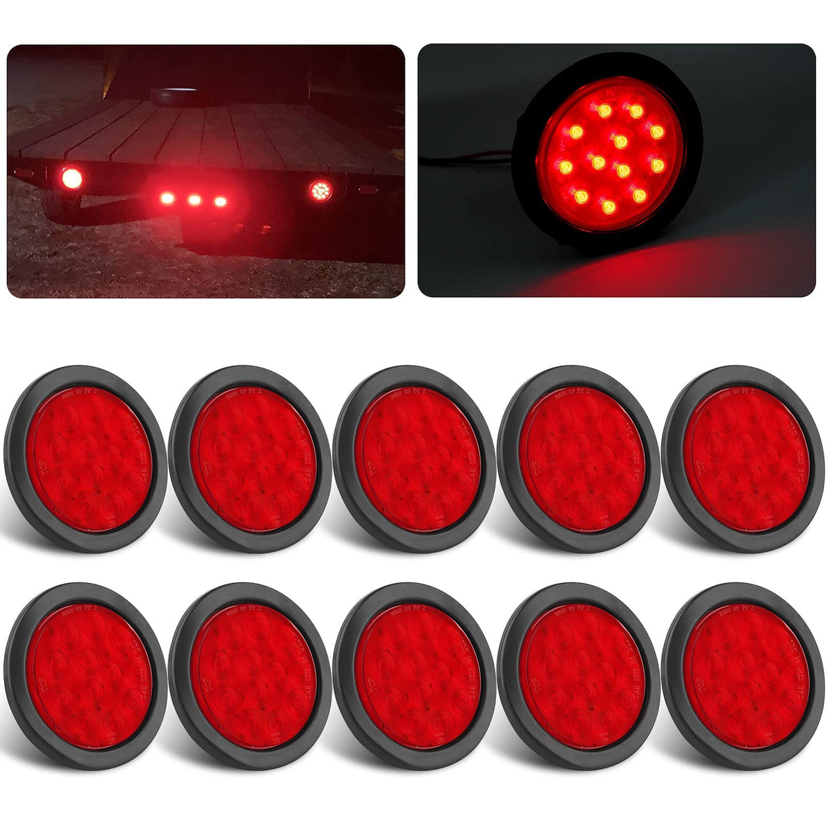Partswcgg front view of 4-inch red LED tail light showing bright lens and road visibility