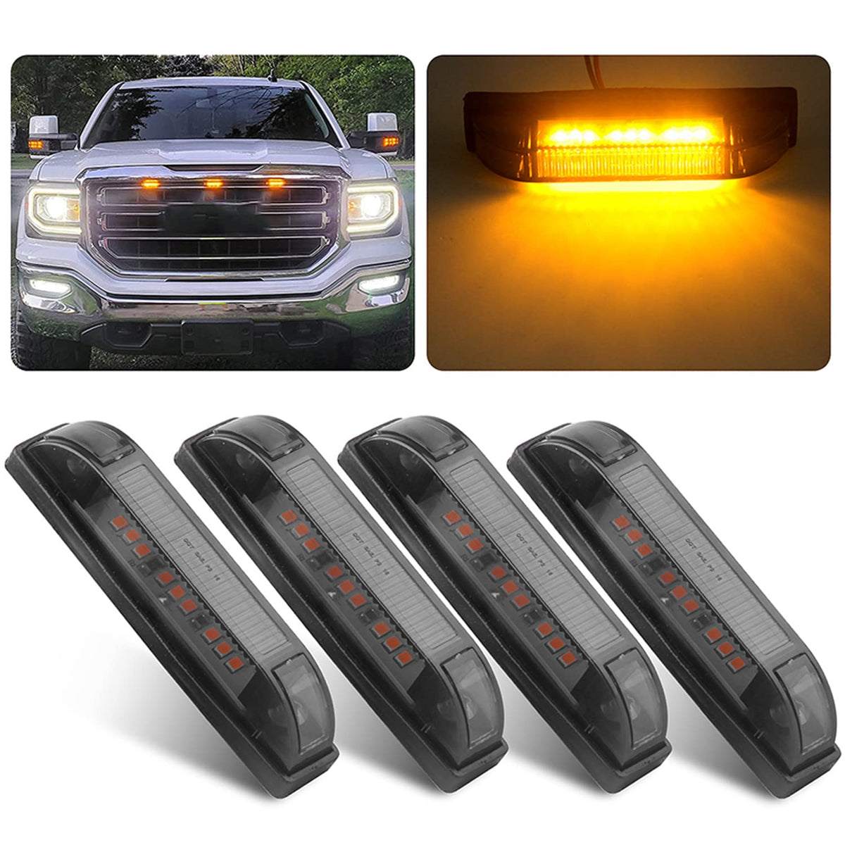Partswcgg front view smoked amber grille lights showing sleek fit and amber glow