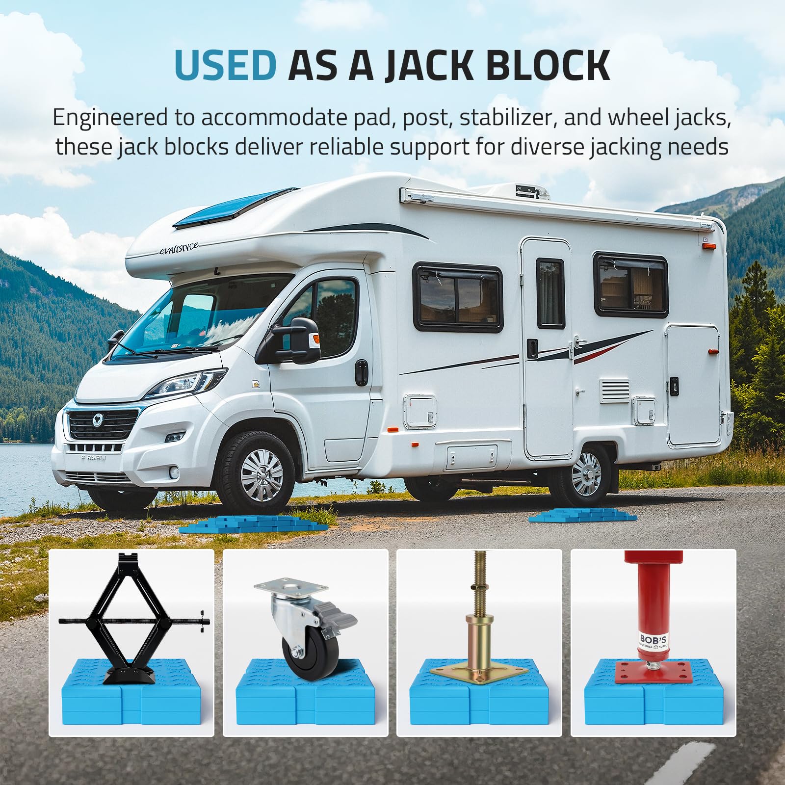 PAULINN blocks used at campsite illustrating easy leveling convenience
