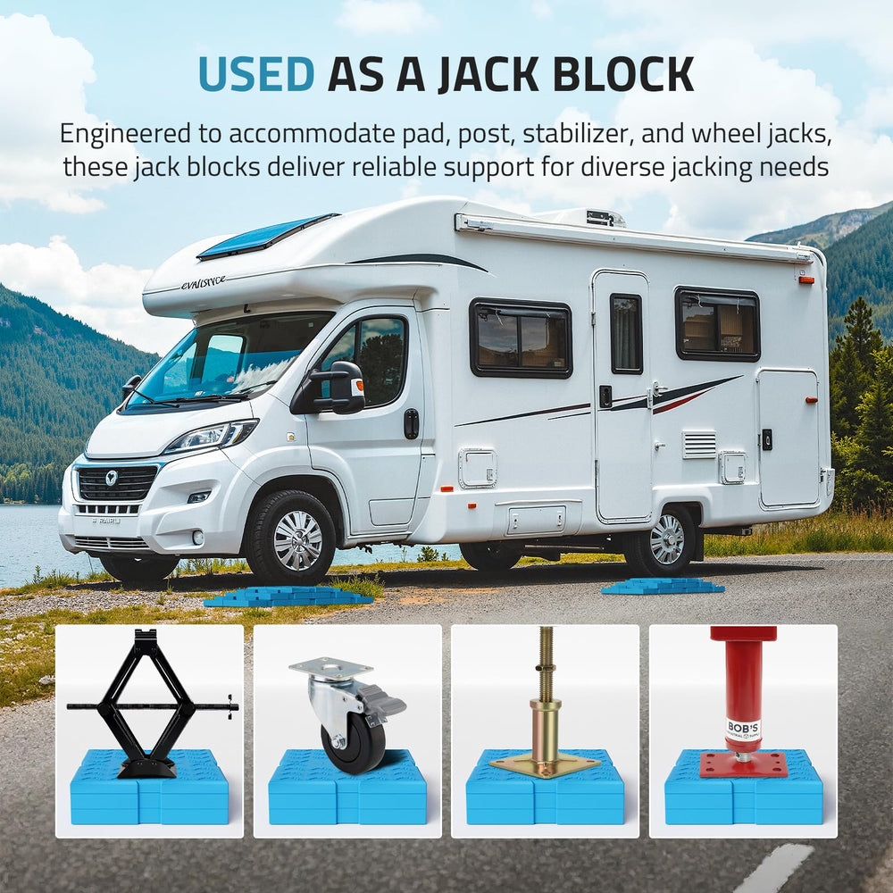 PAULINN blocks used at campsite illustrating easy leveling convenience