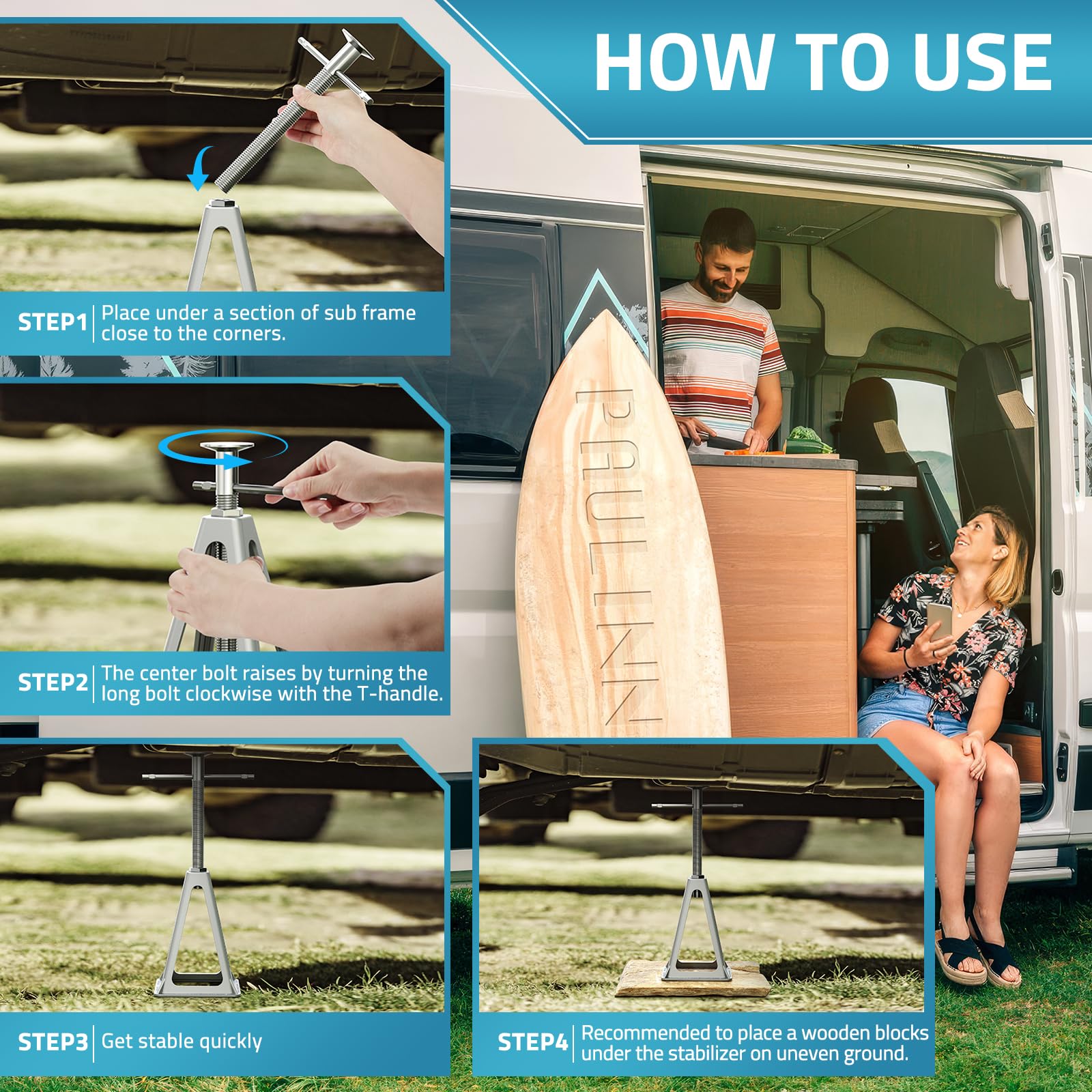 PAULINN jack mounted under a travel trailer frame providing steady campsite support