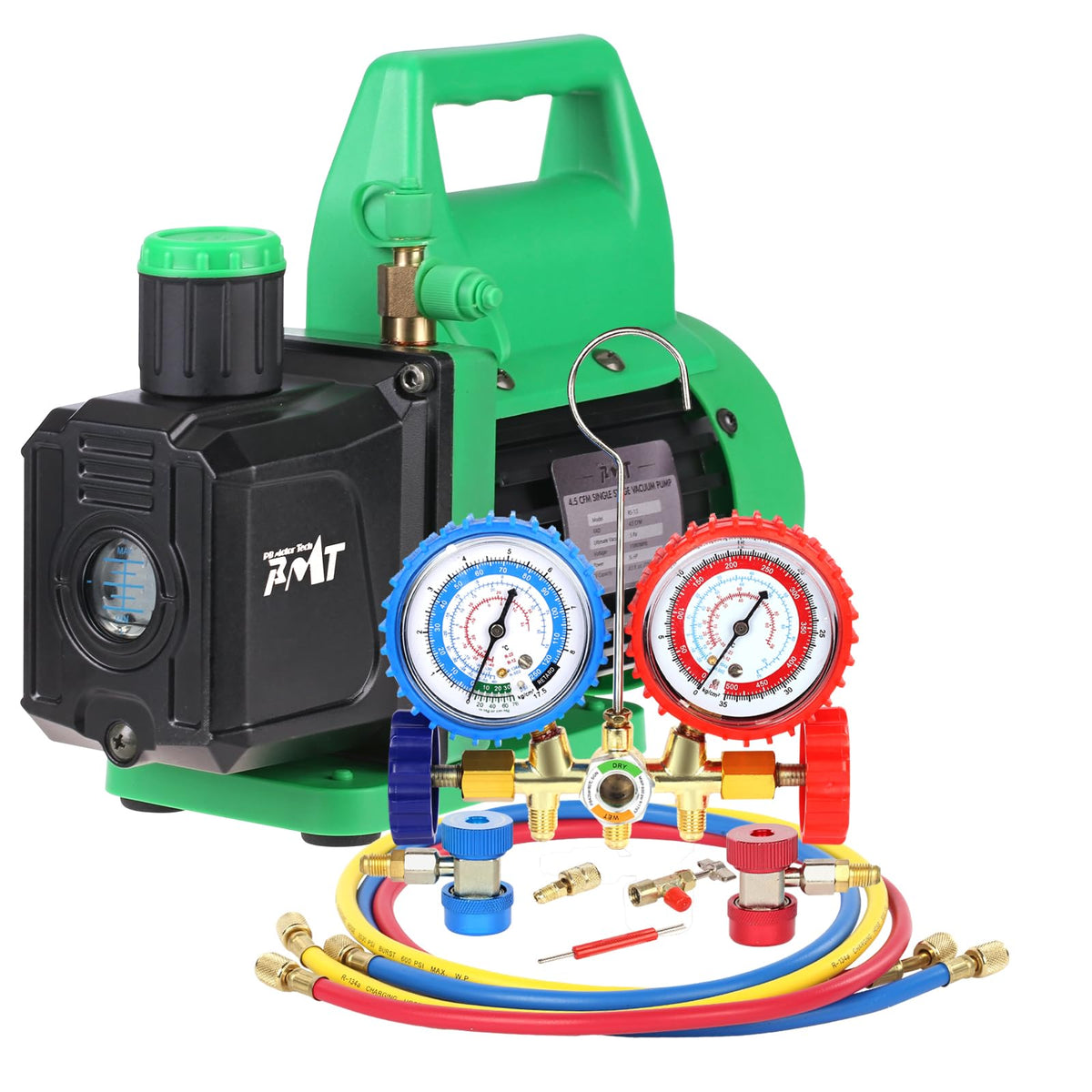 PB Motor Tech front view showing pump and brass manifold, professional portability benefit