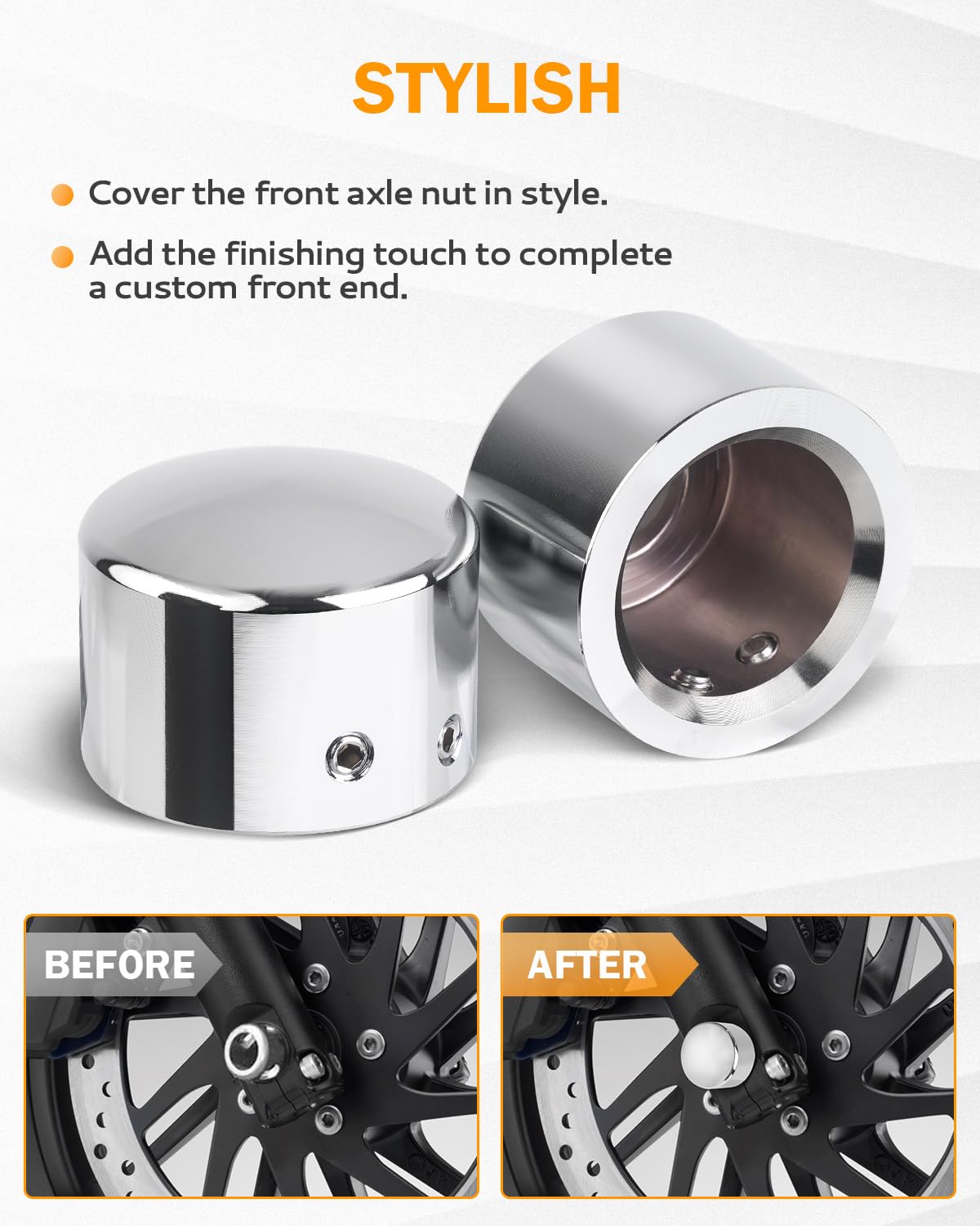 PBYMT lifestyle shot of motorcycle front wheel with caps, visual upgrade and protection