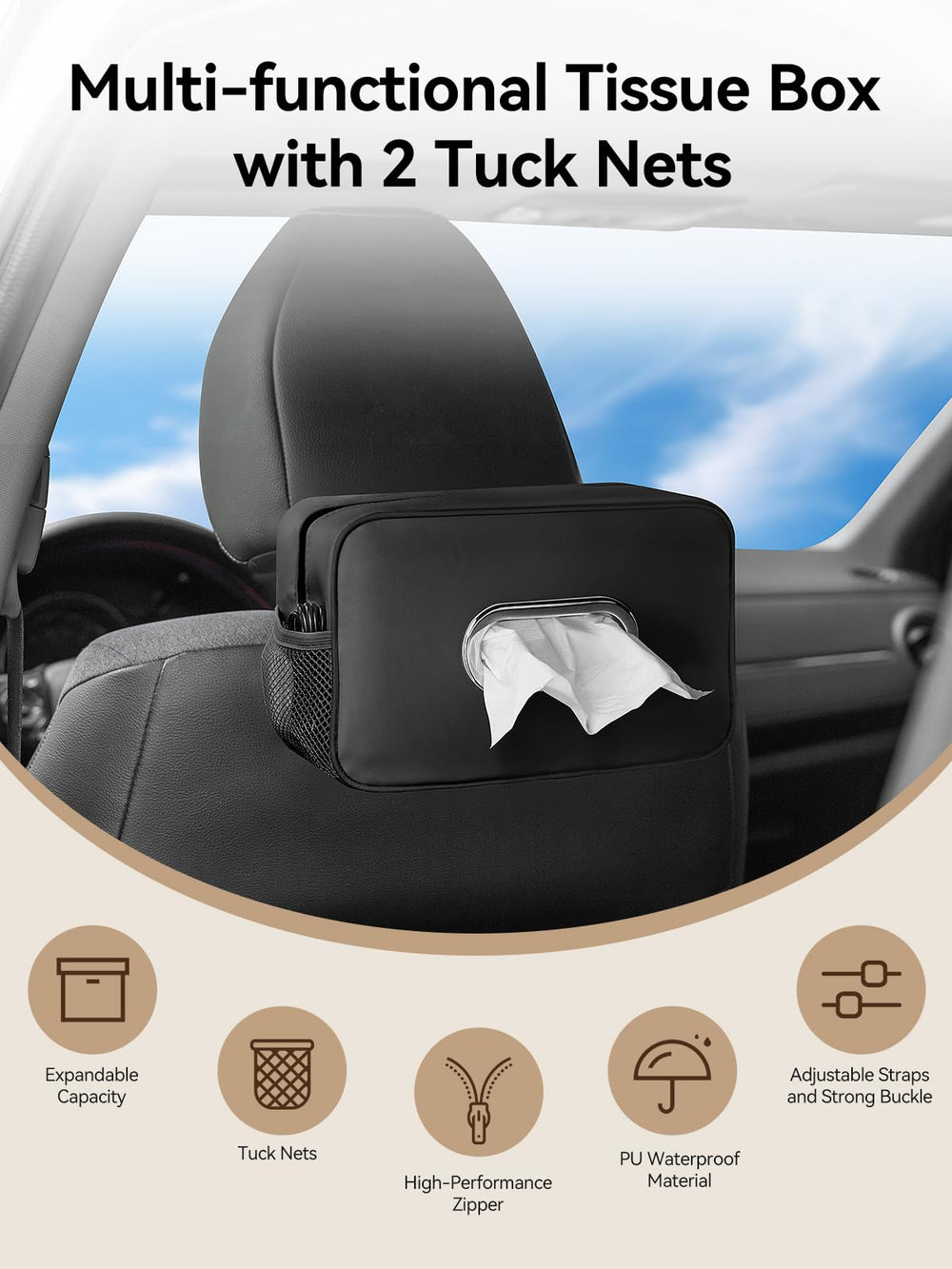 Pcnjozx installed on car headrest demonstrating secure buckle attachment