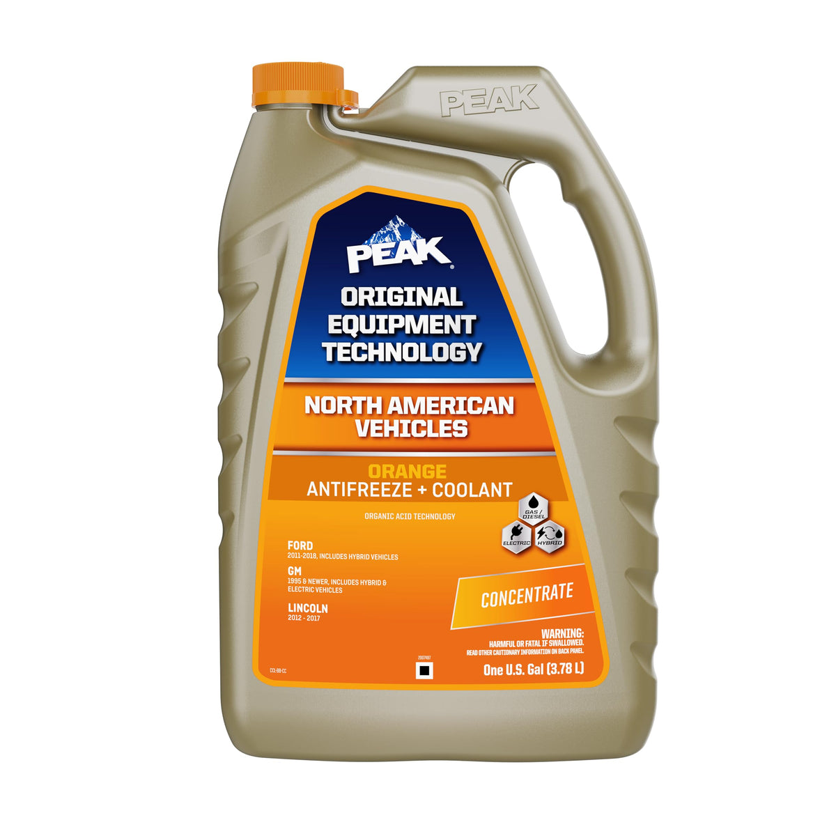 PEAK front label on 1 gallon bottle showing orange OAT coolant benefits
