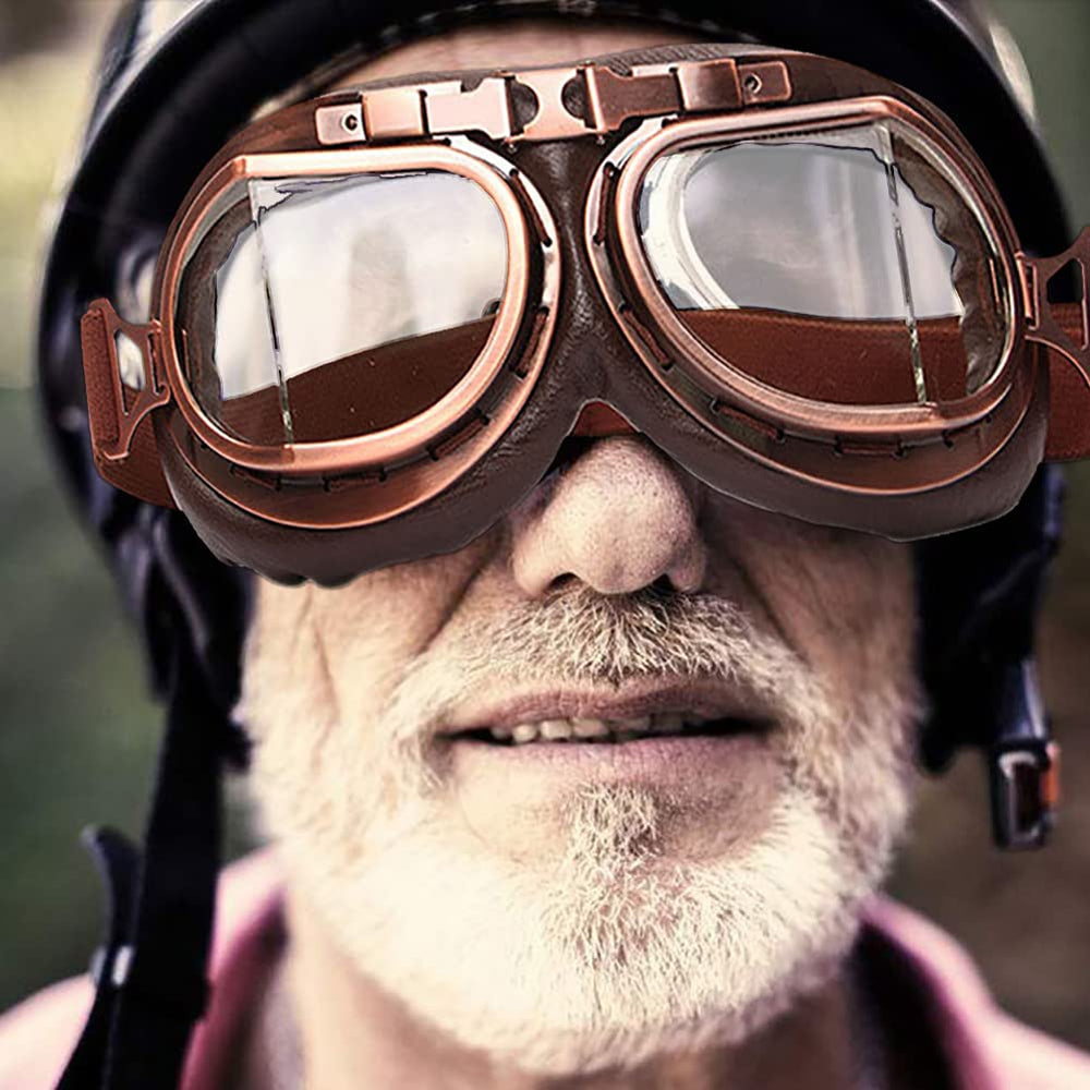 Peicees goggles on model showing wide vision and peripheral clarity benefit