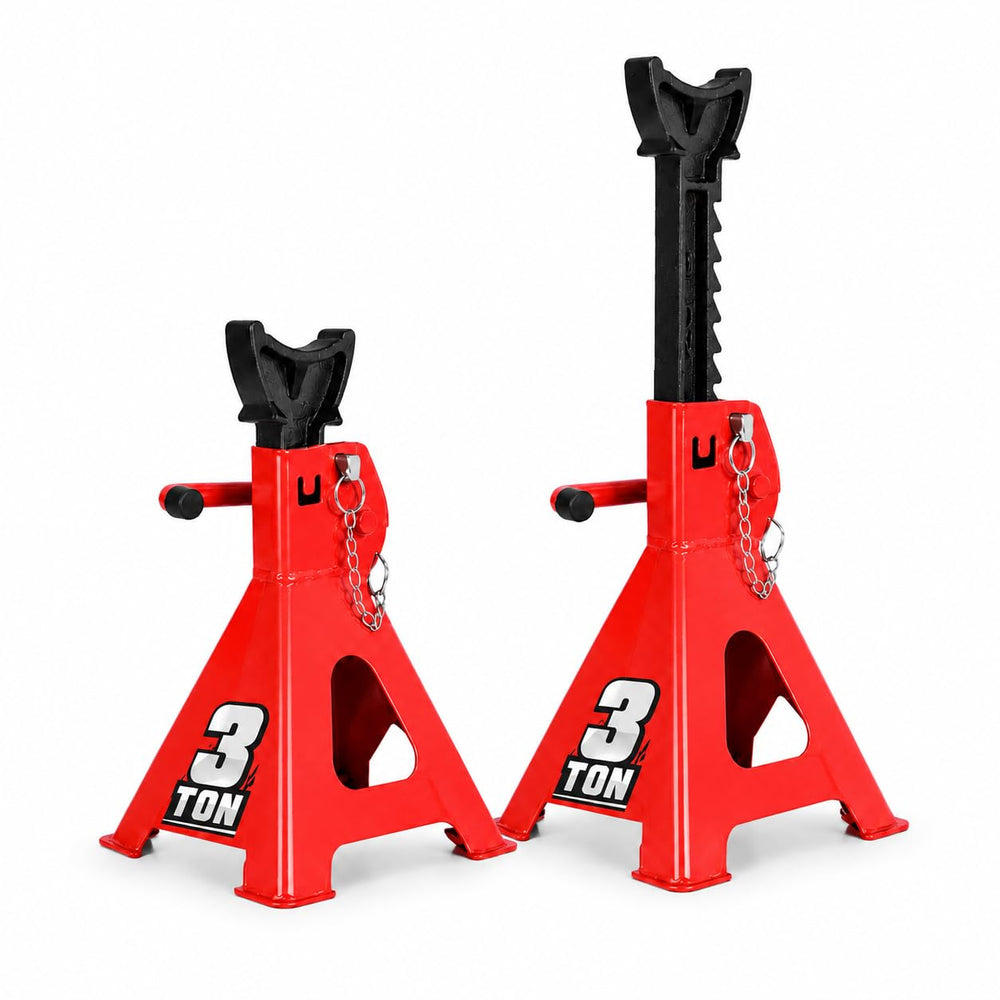Pencil Noise front view of red jack stand pair showing reinforced frame and finish