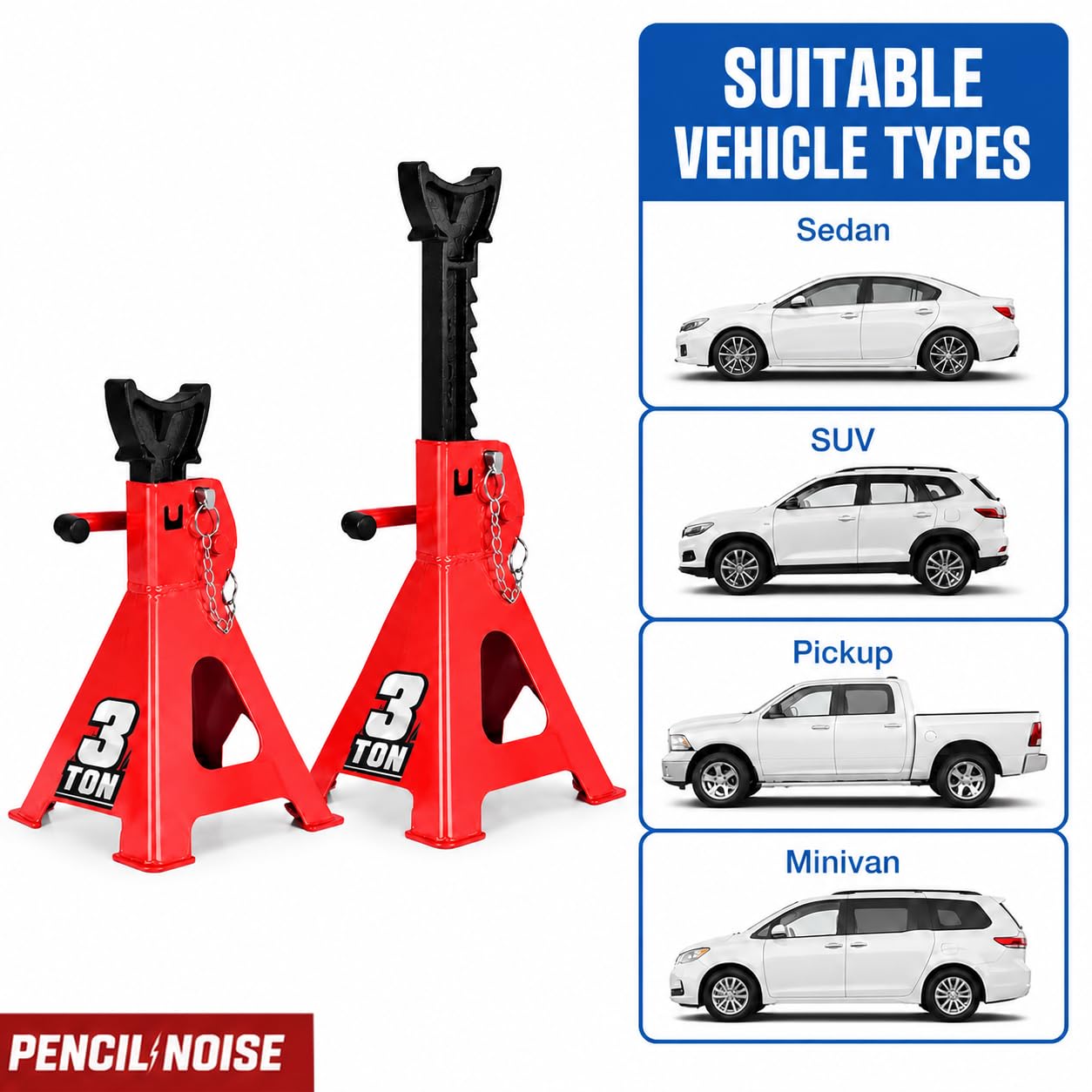 Pencil Noise jack stand under car showing adjusted height and practical support