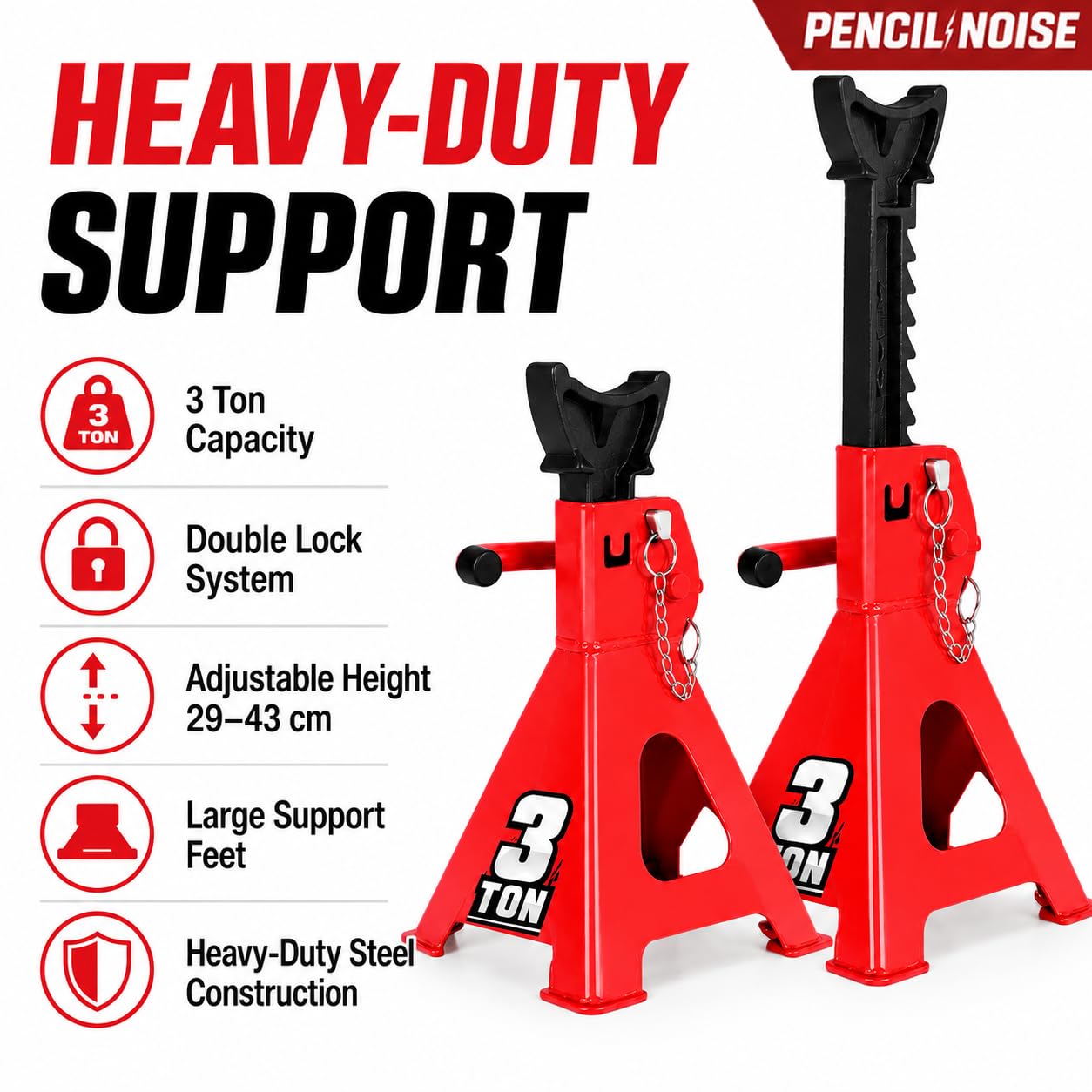 Pencil Noise jack stand beside ruler showing height range and size clarity