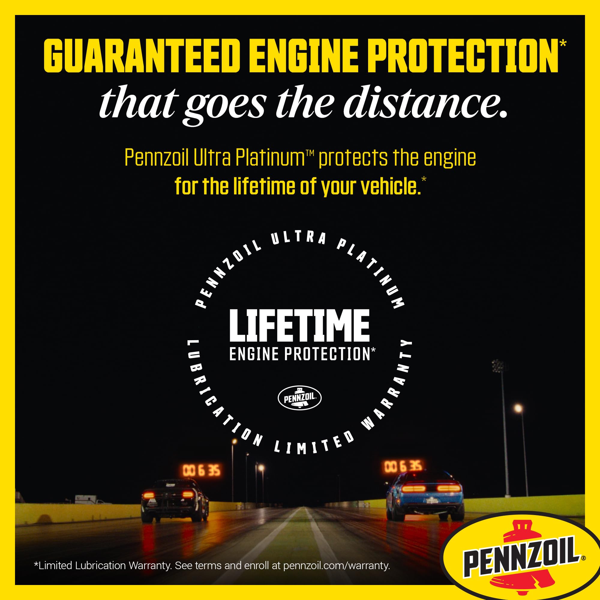 Pennzoil bottle with performance car driving scene conveying reliable protection