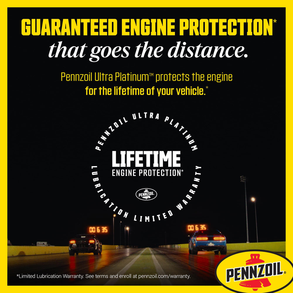 Pennzoil bottle with performance car driving scene conveying reliable protection