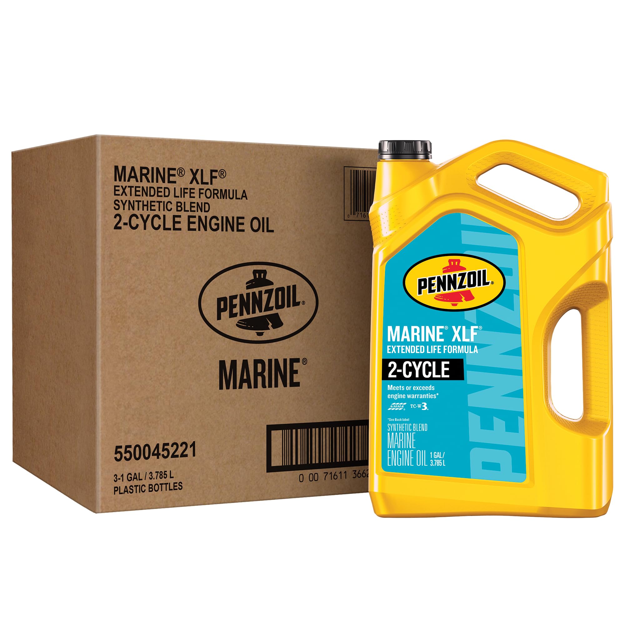 Pennzoil Marine XLF front packaging showing three 1-gallon bottles and easy handling benefit