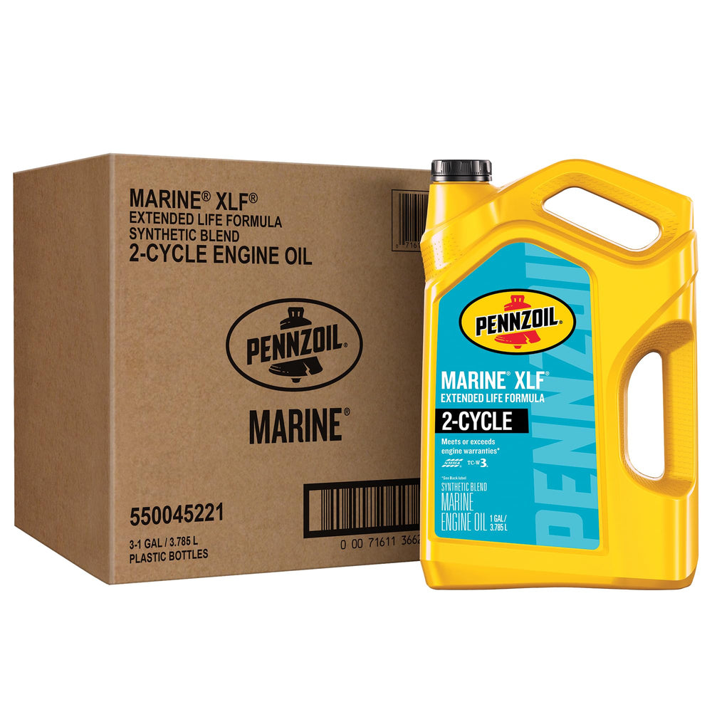 Pennzoil Marine XLF front packaging showing three 1-gallon bottles and easy handling benefit