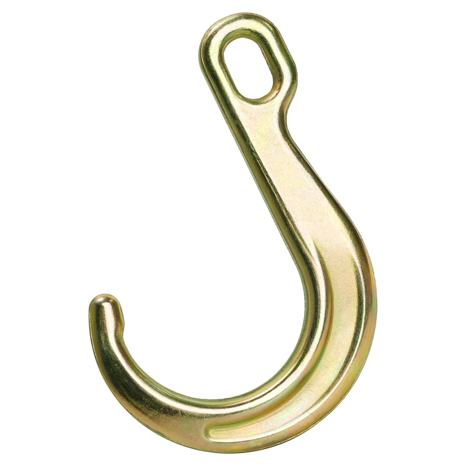 Peohud J-hook attached to a tractor chain demonstrating secure towing connection benefit