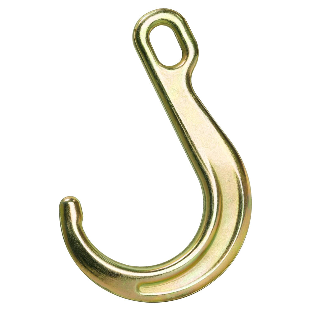 Peohud J-hook attached to a tractor chain demonstrating secure towing connection benefit