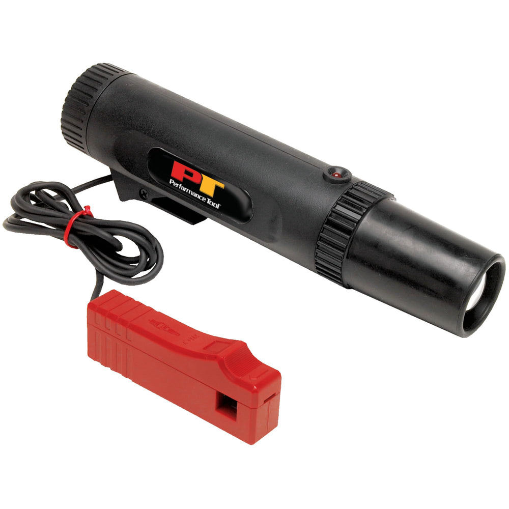 Performance Tool front view of timing light showing controls and ergonomic grip for easy handling