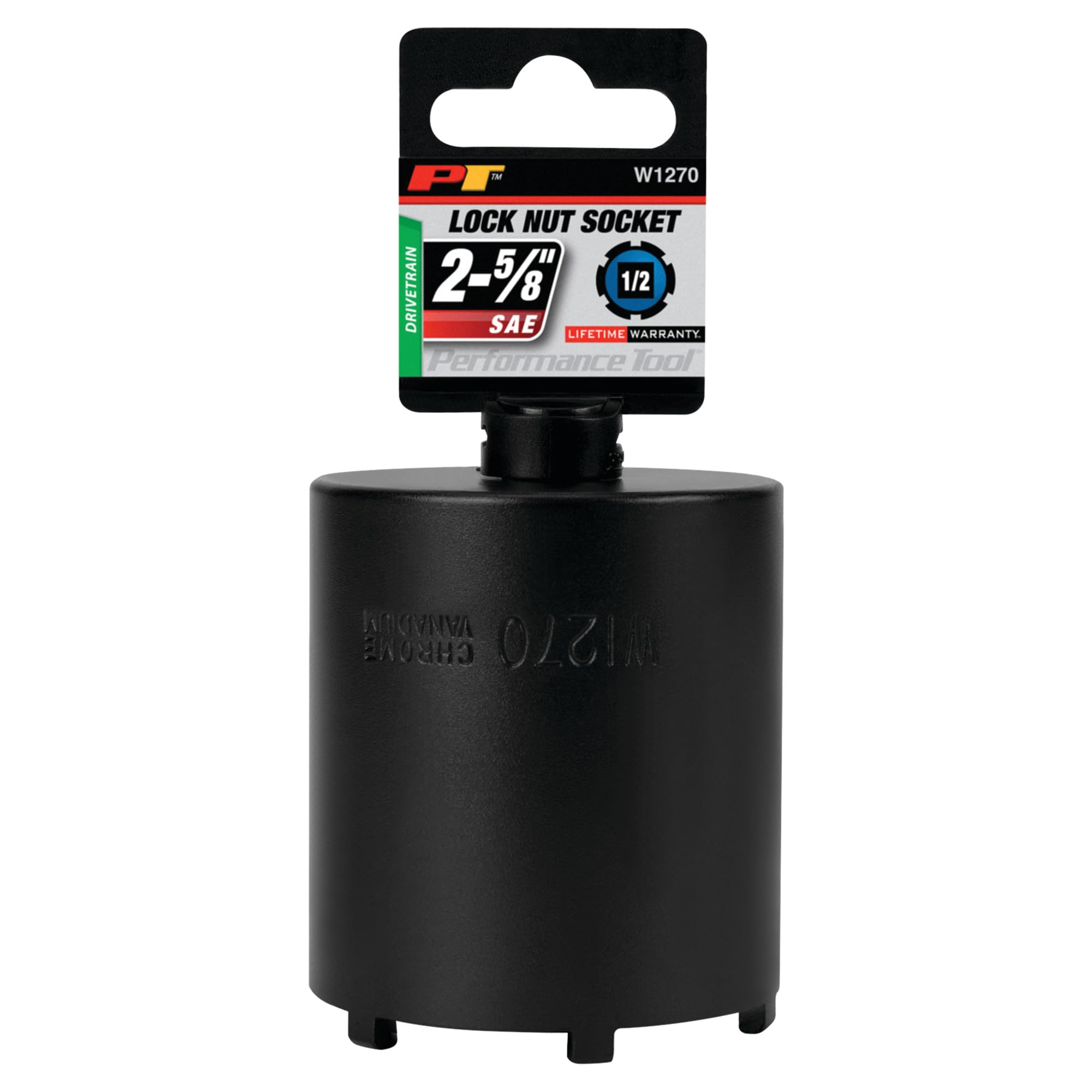 Performance Tool W1270 installed on truck axle lock nut being turned with 1/2" drive — speeds service