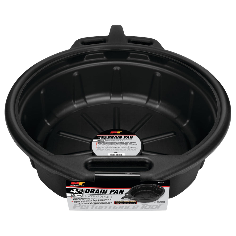 Performance Tool W4071 positioned under car draining oil into pan for tidy service