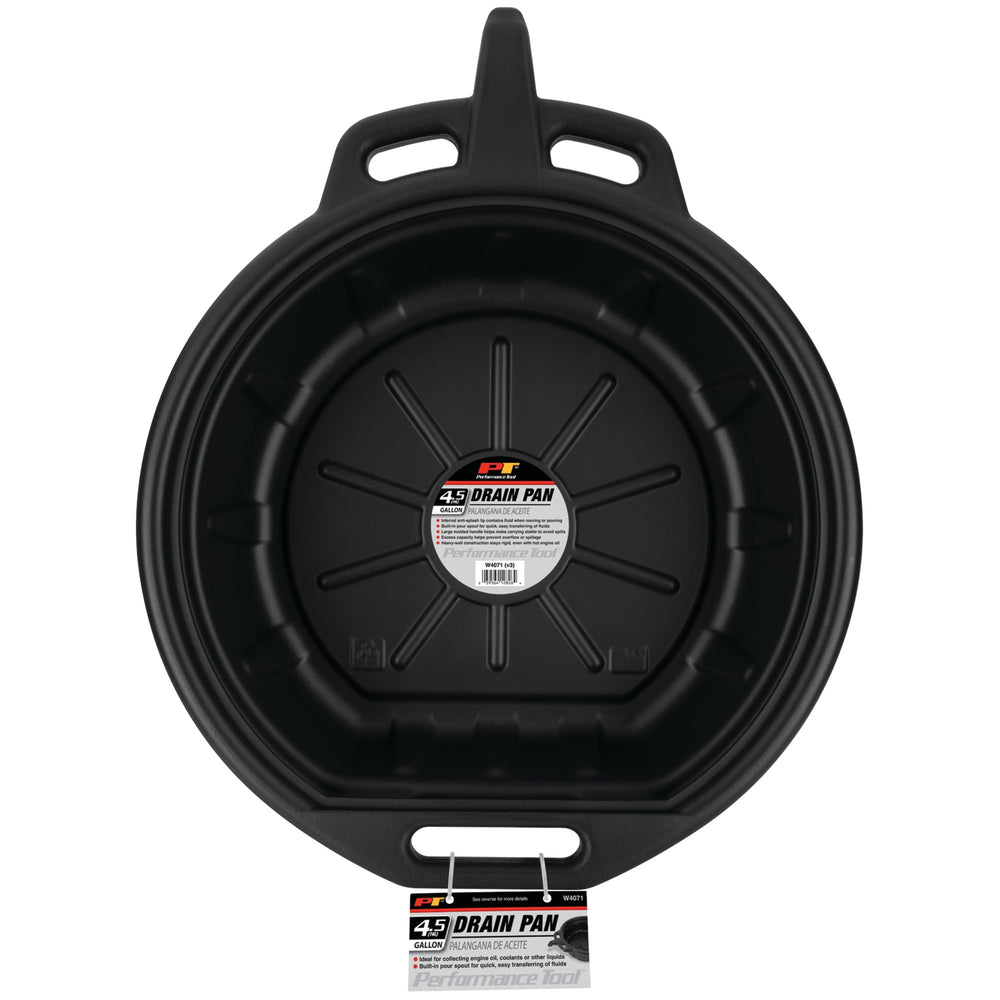Performance Tool W4071 beside measuring jug showing 4.5 gallon capacity for larger drains