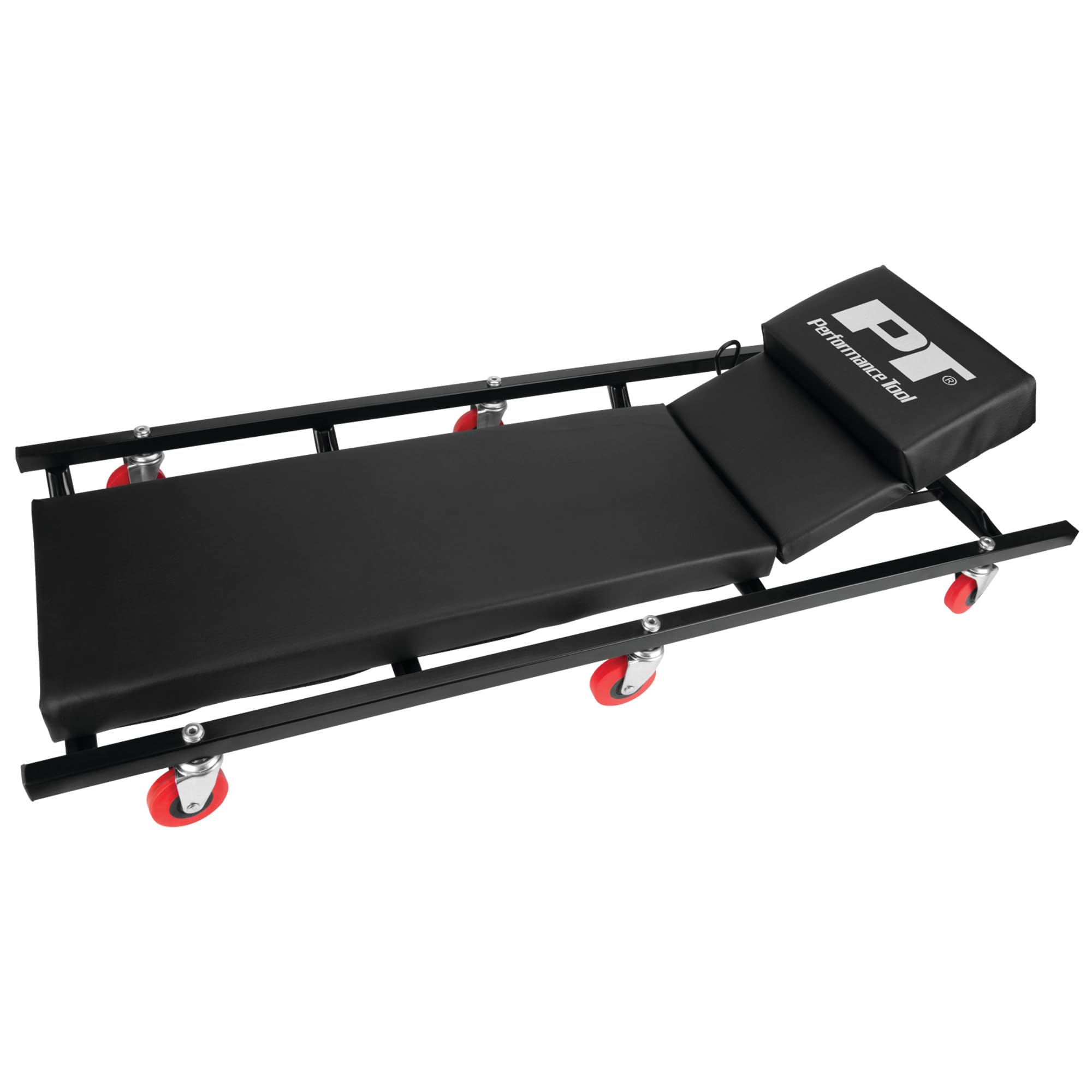 Performance Tool front view of creeper showing full deck and headrest, comfortable support