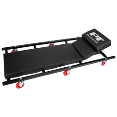 Performance Tool front view of creeper showing full deck and headrest, comfortable support