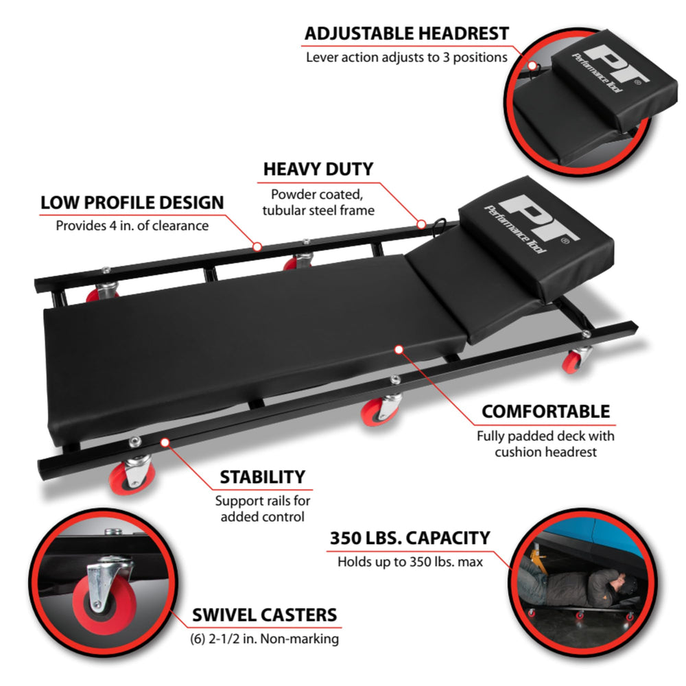 Performance Tool lever-action headrest adjustment close-up, customized neck support benefit