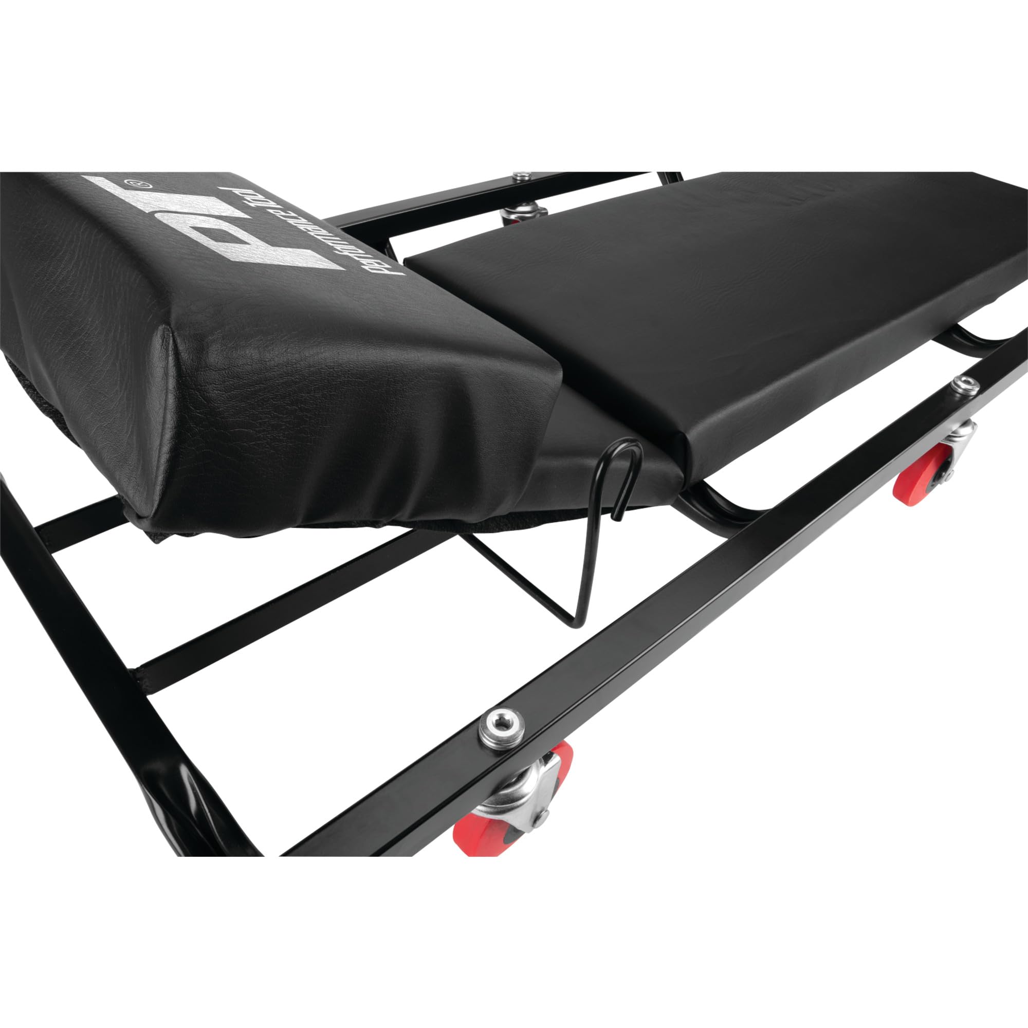 Performance Tool creeper in use under vehicle, easy access and ergonomic positioning benefit