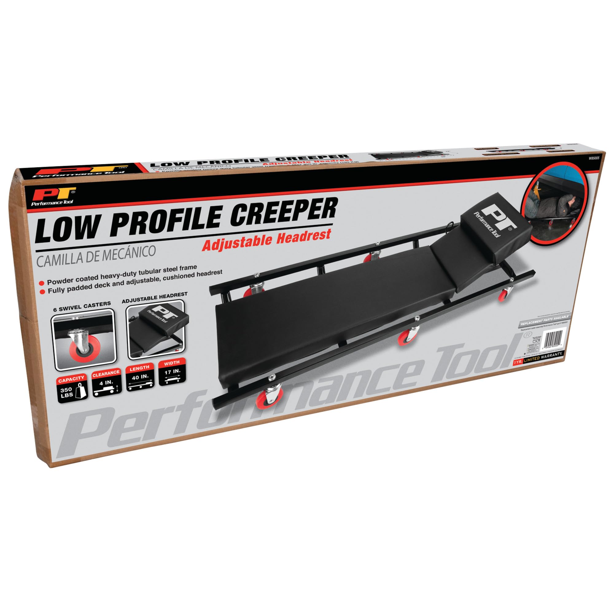 Performance Tool creeper in a garage lifestyle scene, professional-ready organization benefit