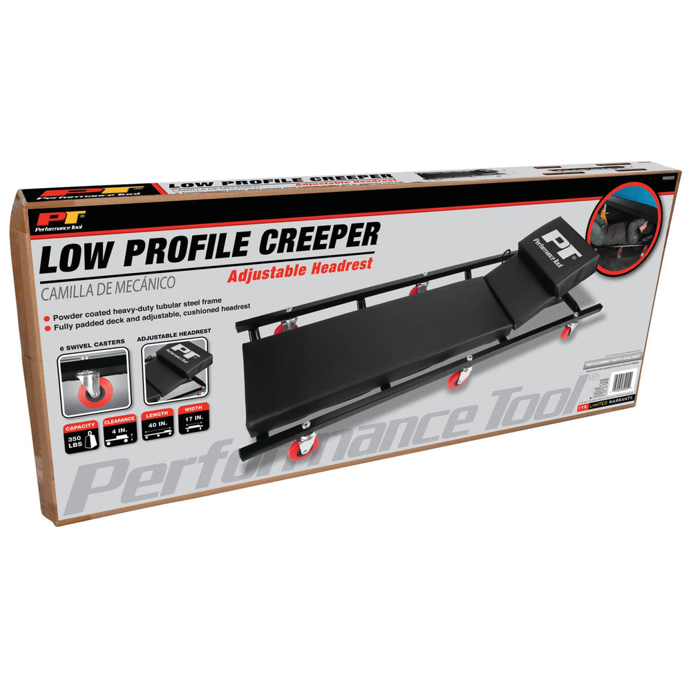 Performance Tool creeper in a garage lifestyle scene, professional-ready organization benefit